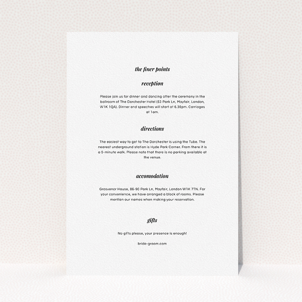 A wedding information sheet called "Script switch". It is an A5 card in a portrait orientation. "Script switch" is available as a flat card, with mainly white colouring.