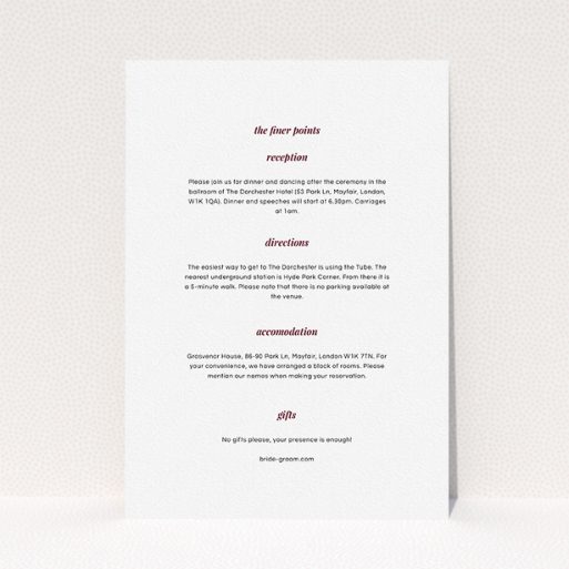 A wedding information sheet design called "Script switch". It is an A5 card in a portrait orientation. "Script switch" is available as a flat card, with mainly white colouring.