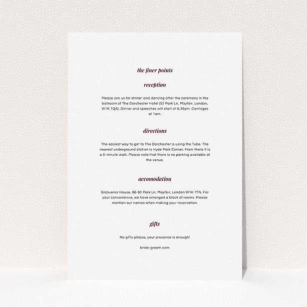 A wedding information sheet design called "Script switch". It is an A5 card in a portrait orientation. "Script switch" is available as a flat card, with mainly white colouring.