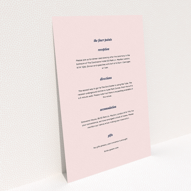 A wedding information sheet template titled "Script switch". It is an A5 card in a portrait orientation. "Script switch" is available as a flat card, with mainly light pink colouring.