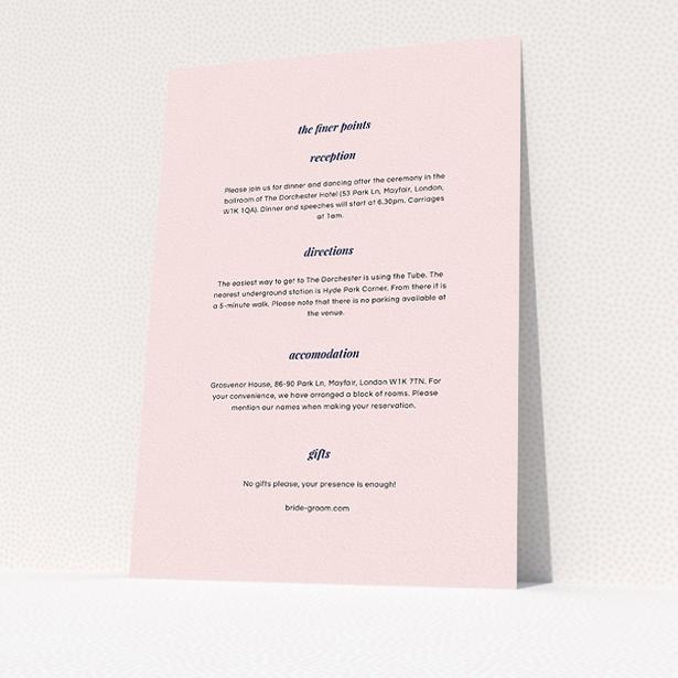 A wedding information sheet template titled "Script switch". It is an A5 card in a portrait orientation. "Script switch" is available as a flat card, with mainly light pink colouring.