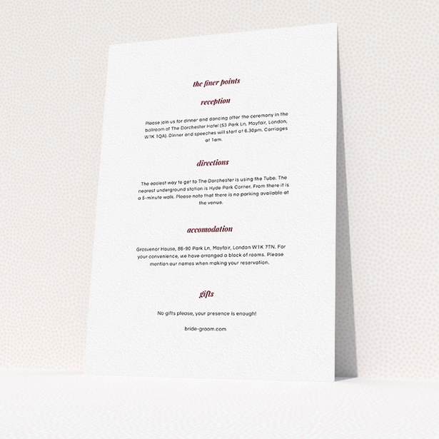 A wedding information sheet design called "Script switch". It is an A5 card in a portrait orientation. "Script switch" is available as a flat card, with mainly white colouring.