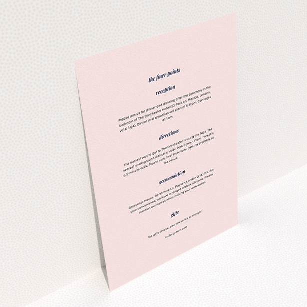 A wedding information sheet template titled "Script switch". It is an A5 card in a portrait orientation. "Script switch" is available as a flat card, with mainly light pink colouring.
