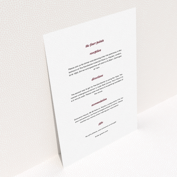 A wedding information sheet design called "Script switch". It is an A5 card in a portrait orientation. "Script switch" is available as a flat card, with mainly white colouring.
