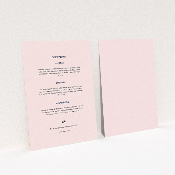 A wedding information sheet template titled "Script switch". It is an A5 card in a portrait orientation. "Script switch" is available as a flat card, with mainly light pink colouring.