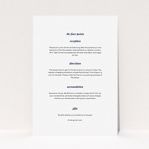 A wedding information sheet named "Script switch". It is an A6 card in a portrait orientation. "Script switch" is available as a flat card, with mainly white colouring.