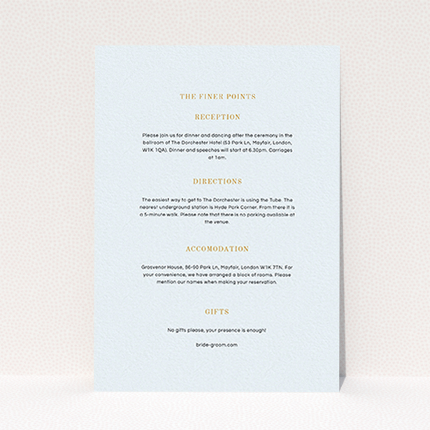 A wedding information sheet design named "See you at the reception". It is an A6 card in a portrait orientation. "See you at the reception" is available as a flat card, with mainly light blue colouring.