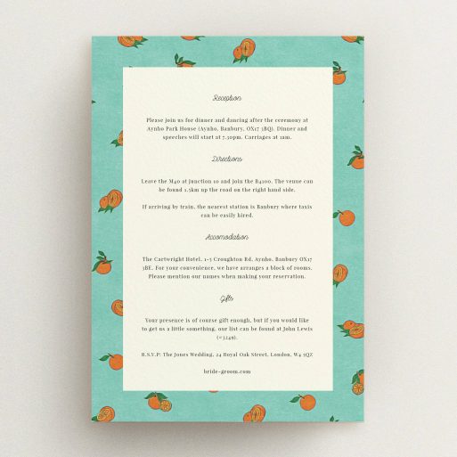 Wedding Information Sheet Design - "Seville" A wedding information sheet named "Seville". It is an A5 card in a portrait orientation. "Seville" is available as a flat card, with tones of light green and orange.