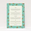 A wedding information sheet named "Seville". It is an A5 card in a portrait orientation. "Seville" is available as a flat card, with tones of light green and orange.