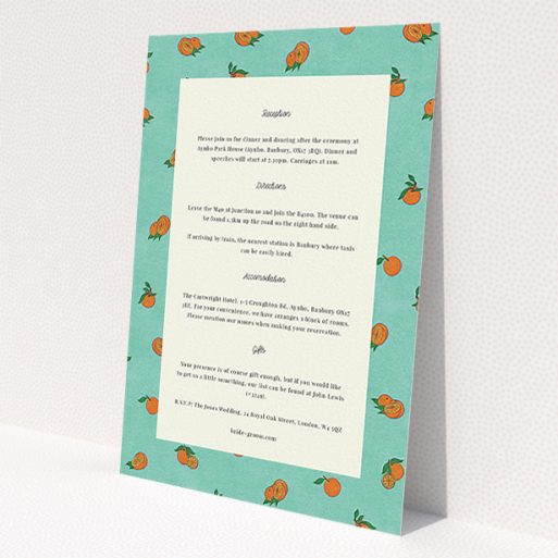 A wedding information sheet named 'Seville'. It is an A5 card in a portrait orientation. 'Seville' is available as a flat card, with tones of light green and orange.