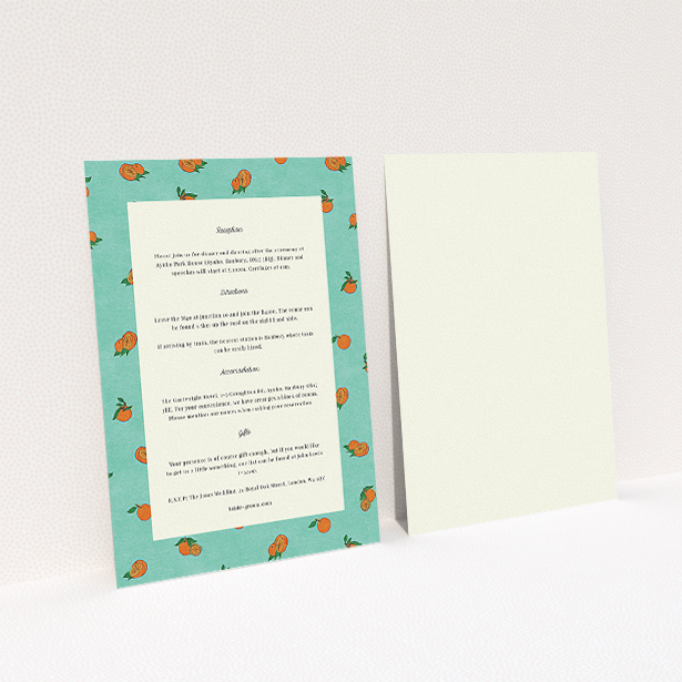 A wedding information sheet named "Seville". It is an A5 card in a portrait orientation. "Seville" is available as a flat card, with tones of light green and orange.