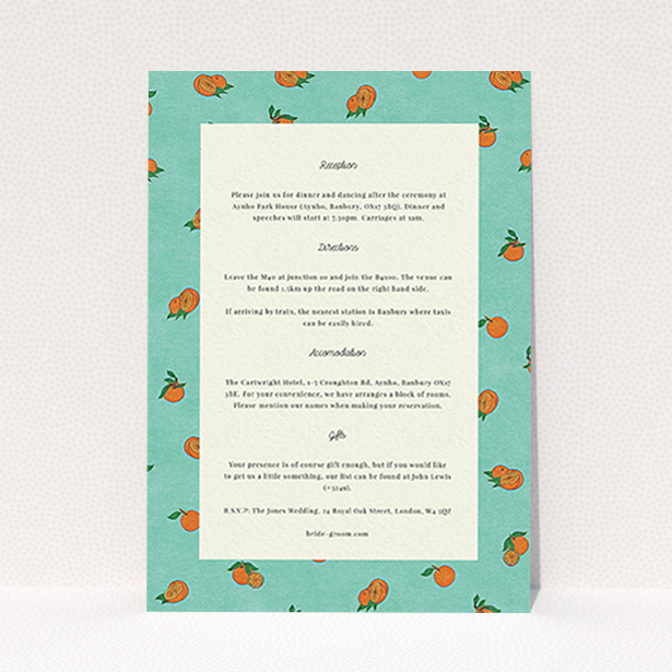 A wedding information sheet design titled "Seville". It is an A6 card in a portrait orientation. "Seville" is available as a flat card, with tones of light green and orange.