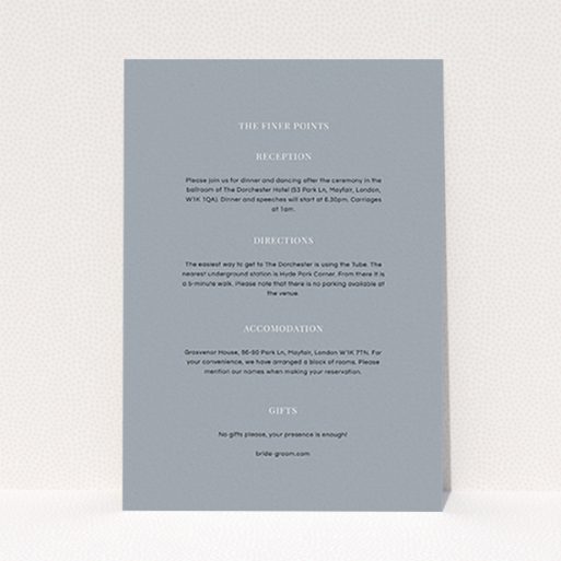 A wedding information sheet design called "Shaded sundial". It is an A6 card in a portrait orientation. "Shaded sundial" is available as a flat card, with mainly dark grey colouring.