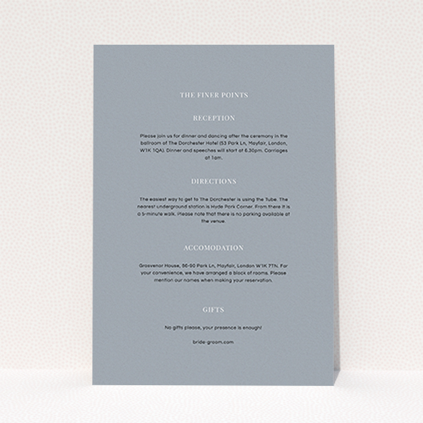 A wedding information sheet design called "Shaded sundial". It is an A6 card in a portrait orientation. "Shaded sundial" is available as a flat card, with mainly dark grey colouring.