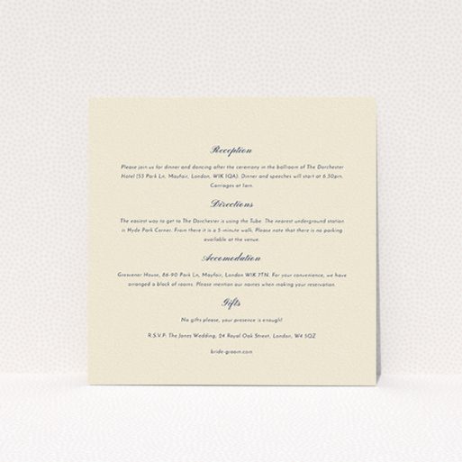 A wedding information sheet design titled "Shanghai Nights". It is a square (148mm x 148mm) card in a square orientation. "Shanghai Nights" is available as a flat card, with mainly cream colouring.