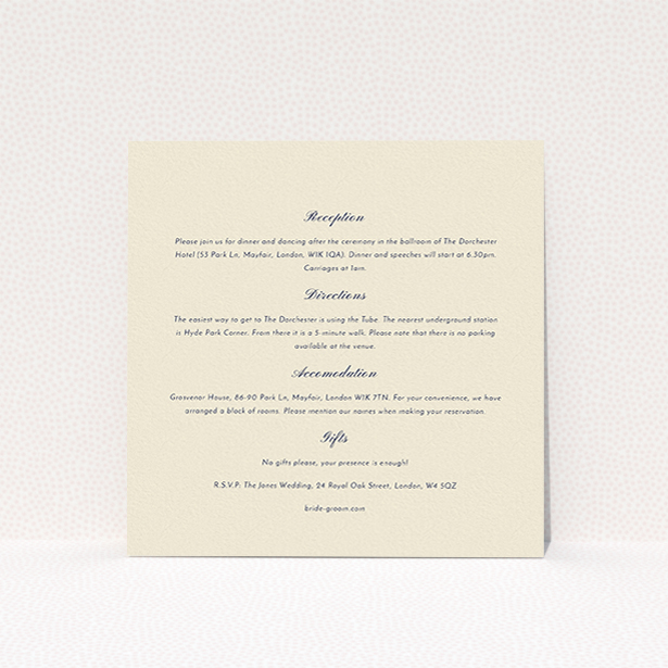 A wedding information sheet design titled "Shanghai Nights". It is a square (148mm x 148mm) card in a square orientation. "Shanghai Nights" is available as a flat card, with mainly cream colouring.