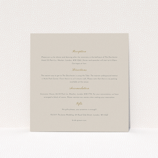 A wedding information sheet template titled "Shanghai Nights". It is a square (148mm x 148mm) card in a square orientation. "Shanghai Nights" is available as a flat card, with tones of dark cream and gold.