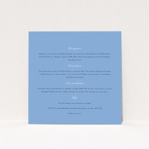 A wedding information sheet named "Shanghai Nights". It is a square (148mm x 148mm) card in a square orientation. "Shanghai Nights" is available as a flat card, with mainly light blue colouring.
