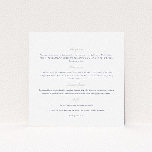 A wedding information sheet named "Shanghai Nights". It is a square (148mm x 148mm) card in a square orientation. "Shanghai Nights" is available as a flat card, with mainly white colouring.