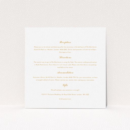 A wedding information sheet called "Shanghai Nights". It is a square (148mm x 148mm) card in a square orientation. "Shanghai Nights" is available as a flat card, with mainly white colouring.