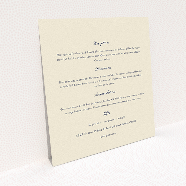 A wedding information sheet design titled "Shanghai Nights". It is a square (148mm x 148mm) card in a square orientation. "Shanghai Nights" is available as a flat card, with mainly cream colouring.