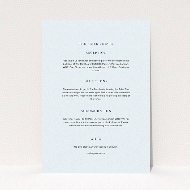 A wedding information sheet called "Signature script". It is an A5 card in a portrait orientation. "Signature script" is available as a flat card, with mainly light blue colouring.