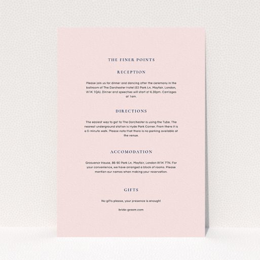 A wedding information sheet design called "Signature script". It is an A5 card in a portrait orientation. "Signature script" is available as a flat card, with mainly light pink colouring.