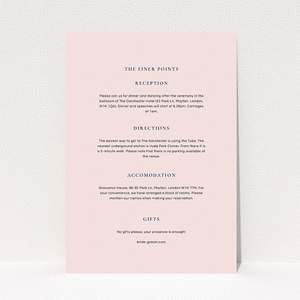 A wedding information sheet design called "Signature script". It is an A5 card in a portrait orientation. "Signature script" is available as a flat card, with mainly light pink colouring.