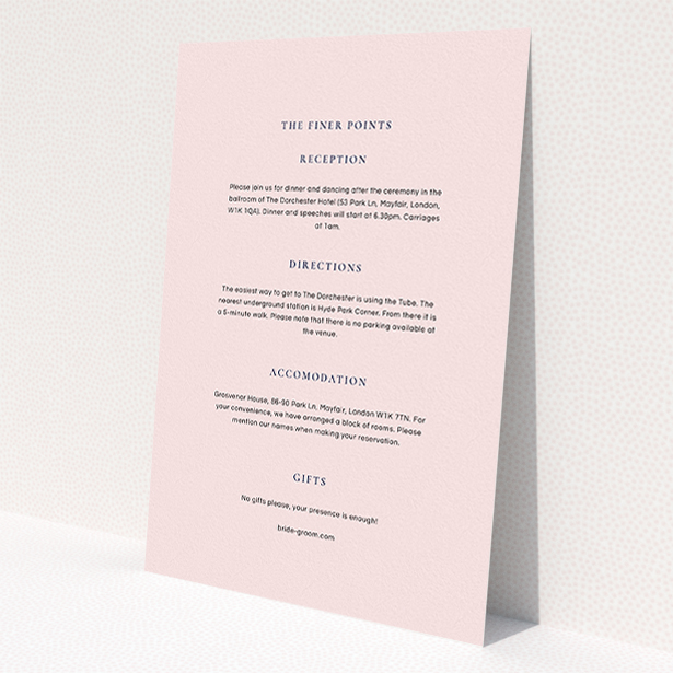 A wedding information sheet design called "Signature script". It is an A5 card in a portrait orientation. "Signature script" is available as a flat card, with mainly light pink colouring.