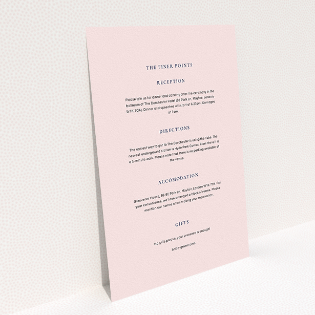 A wedding information sheet design called "Signature script". It is an A5 card in a portrait orientation. "Signature script" is available as a flat card, with mainly light pink colouring.