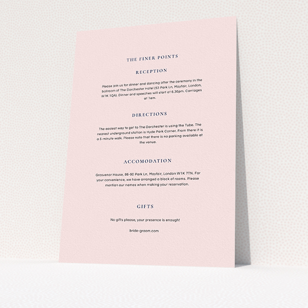 A wedding information sheet design called "Signature script". It is an A5 card in a portrait orientation. "Signature script" is available as a flat card, with mainly light pink colouring.