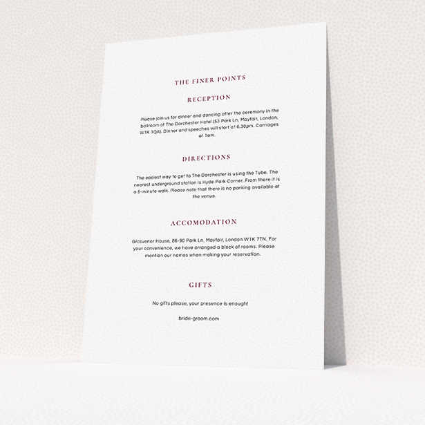 A wedding information sheet template titled "Signature script". It is an A5 card in a portrait orientation. "Signature script" is available as a flat card, with mainly white colouring.