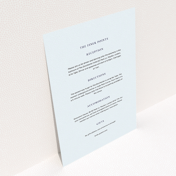 A wedding information sheet called "Signature script". It is an A5 card in a portrait orientation. "Signature script" is available as a flat card, with mainly light blue colouring.