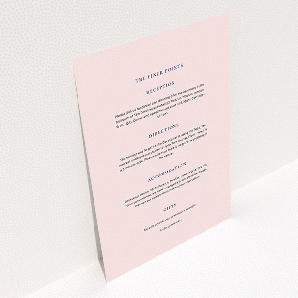 A wedding information sheet design called "Signature script". It is an A5 card in a portrait orientation. "Signature script" is available as a flat card, with mainly light pink colouring.