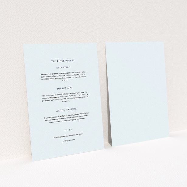 A wedding information sheet called "Signature script". It is an A5 card in a portrait orientation. "Signature script" is available as a flat card, with mainly light blue colouring.