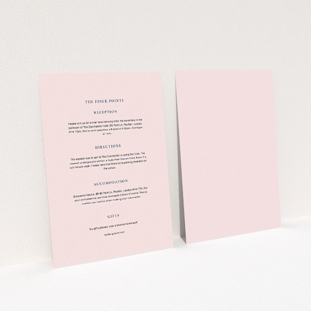 A wedding information sheet design called "Signature script". It is an A5 card in a portrait orientation. "Signature script" is available as a flat card, with mainly light pink colouring.