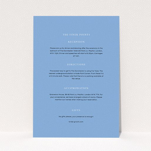 A wedding information sheet called "Signature script". It is an A6 card in a portrait orientation. "Signature script" is available as a flat card, with mainly light blue colouring.