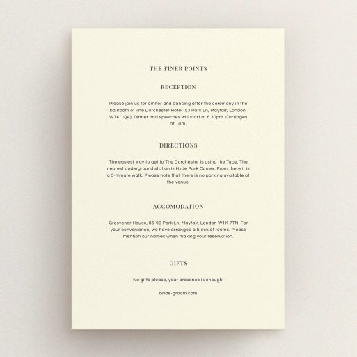 Wedding Information Sheet Design - "Simple flourish" A wedding information sheet design titled "Simple flourish". It is an A5 card in a portrait orientation. "Simple flourish" is available as a flat card, with mainly cream colouring.