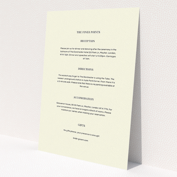 A wedding information sheet design titled 'Simple flourish'. It is an A5 card in a portrait orientation. 'Simple flourish' is available as a flat card, with mainly cream colouring.