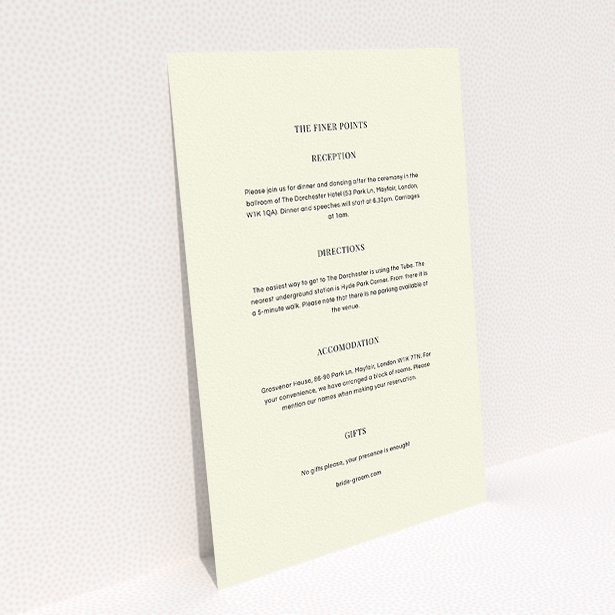 A wedding information sheet design titled "Simple flourish". It is an A5 card in a portrait orientation. "Simple flourish" is available as a flat card, with mainly cream colouring.