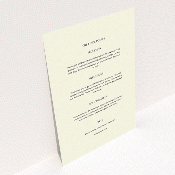 A wedding information sheet design titled "Simple flourish". It is an A5 card in a portrait orientation. "Simple flourish" is available as a flat card, with mainly cream colouring.