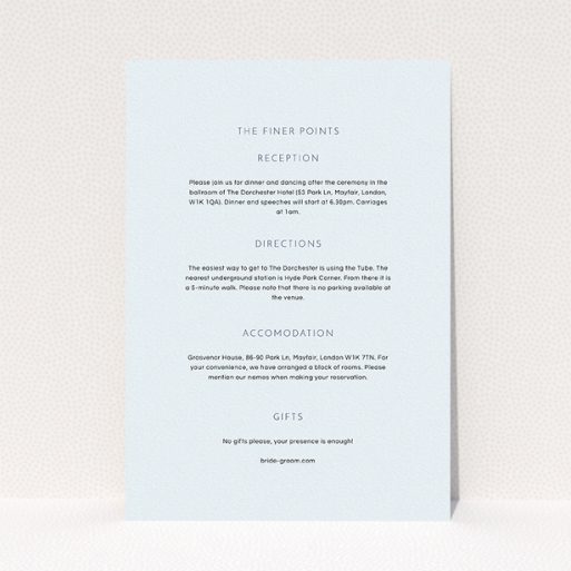 A wedding information sheet design named "Simple lines". It is an A5 card in a portrait orientation. "Simple lines" is available as a flat card, with mainly light blue colouring.