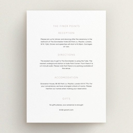 Wedding Information Insert Sheets - Simple Lines (Pink And White) A wedding information sheet template titled "Simple lines". It is an A5 card in a portrait orientation. "Simple lines" is available as a flat card, with mainly white colouring.