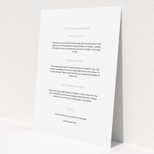 A wedding information sheet template titled 'Simple lines'. It is an A5 card in a portrait orientation. 'Simple lines' is available as a flat card, with mainly white colouring.