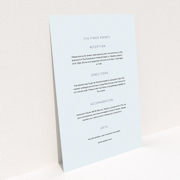 A wedding information sheet design named "Simple lines". It is an A5 card in a portrait orientation. "Simple lines" is available as a flat card, with mainly light blue colouring.