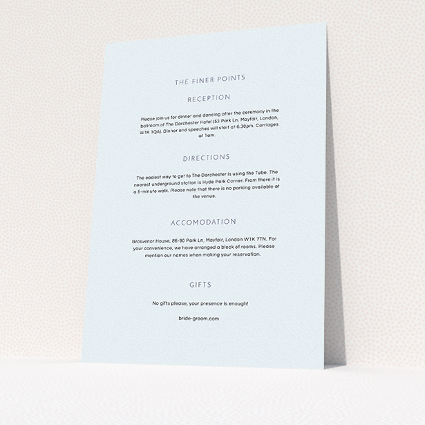 A wedding information sheet design named "Simple lines". It is an A5 card in a portrait orientation. "Simple lines" is available as a flat card, with mainly light blue colouring.