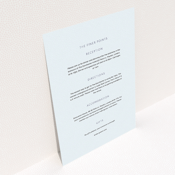 A wedding information sheet design named "Simple lines". It is an A5 card in a portrait orientation. "Simple lines" is available as a flat card, with mainly light blue colouring.