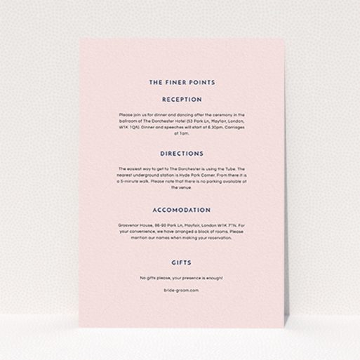 A wedding information sheet template titled "Simple lines". It is an A6 card in a portrait orientation. "Simple lines" is available as a flat card, with mainly light pink colouring.
