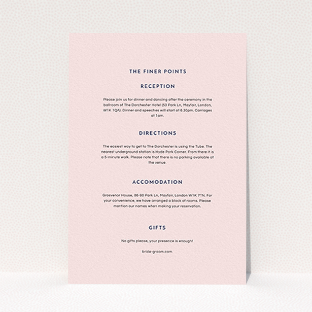 A wedding information sheet template titled "Simple lines". It is an A6 card in a portrait orientation. "Simple lines" is available as a flat card, with mainly light pink colouring.