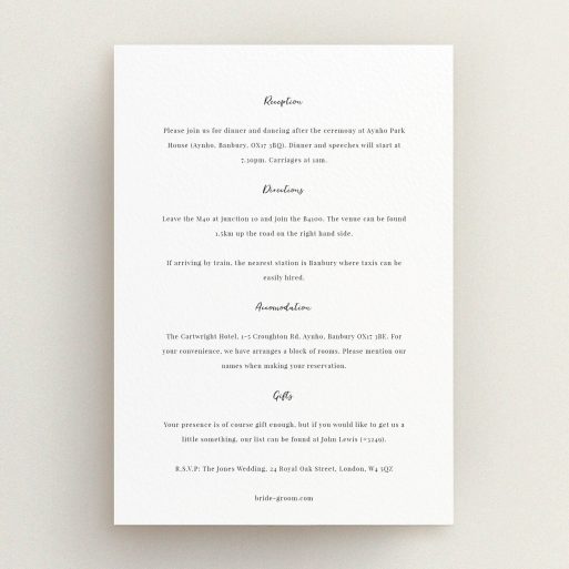 A wedding information sheet design named "Simply Love". It is an A5 card in a portrait orientation. "Simply Love" is available as a flat card, with mainly white colouring.